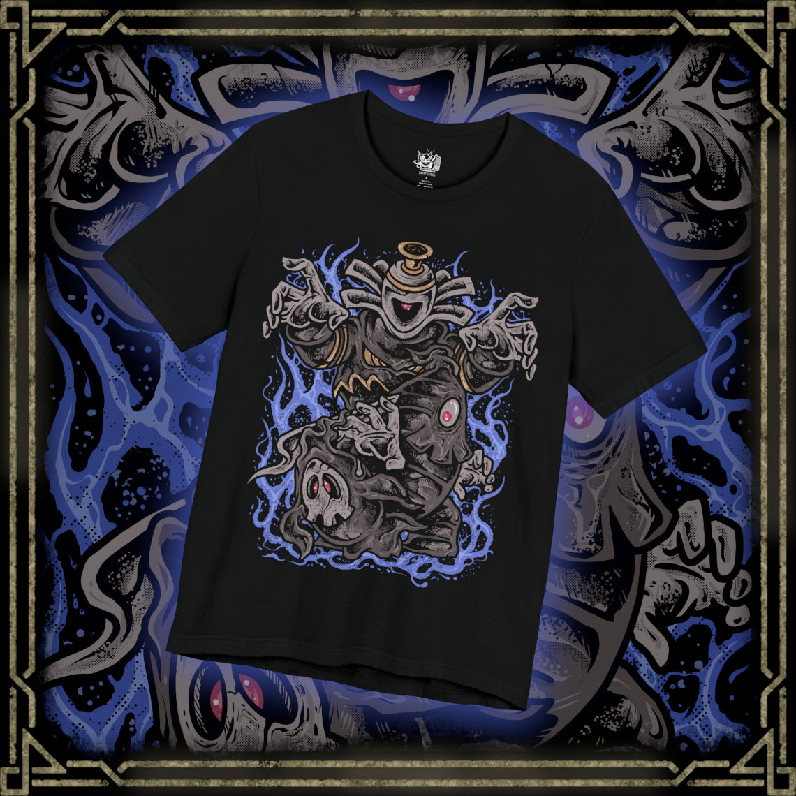 Thumbnail of a T-shirt design of Duskull, Dusclops, and Dusknoir from Pokémon, emerging from a shadow-filled spirit realm. Duskull’s single red eye glows beneath its skull mask, Dusclops looms with bandaged form and hollow stare, while Dusknoir towers as a spectral guide of the afterlife. The design captures ghost-type evolution and the eerie progression from wandering spirit to underworld sentinel.