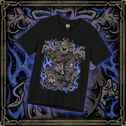 Thumbnail of a T-shirt design of Duskull, Dusclops, and Dusknoir from Pokémon, emerging from a shadow-filled spirit realm. Duskull’s single red eye glows beneath its skull mask, Dusclops looms with bandaged form and hollow stare, while Dusknoir towers as a spectral guide of the afterlife. The design captures ghost-type evolution and the eerie progression from wandering spirit to underworld sentinel.