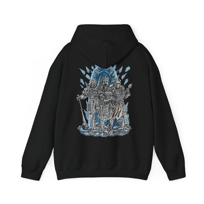 Image 5 of a Hooded Sweatshirt of the Wild Hunt emerging from spectral mist, with Eredin leading his generals across a snow-choked wasteland. Imlerith’s savage strength and Caranthir’s otherworldly sorcery contrast against Eredin’s cold authority. The composition emphasizes their unity as instruments of domination, bringing eternal frost, war, and despair wherever the Wild Hunt rides.