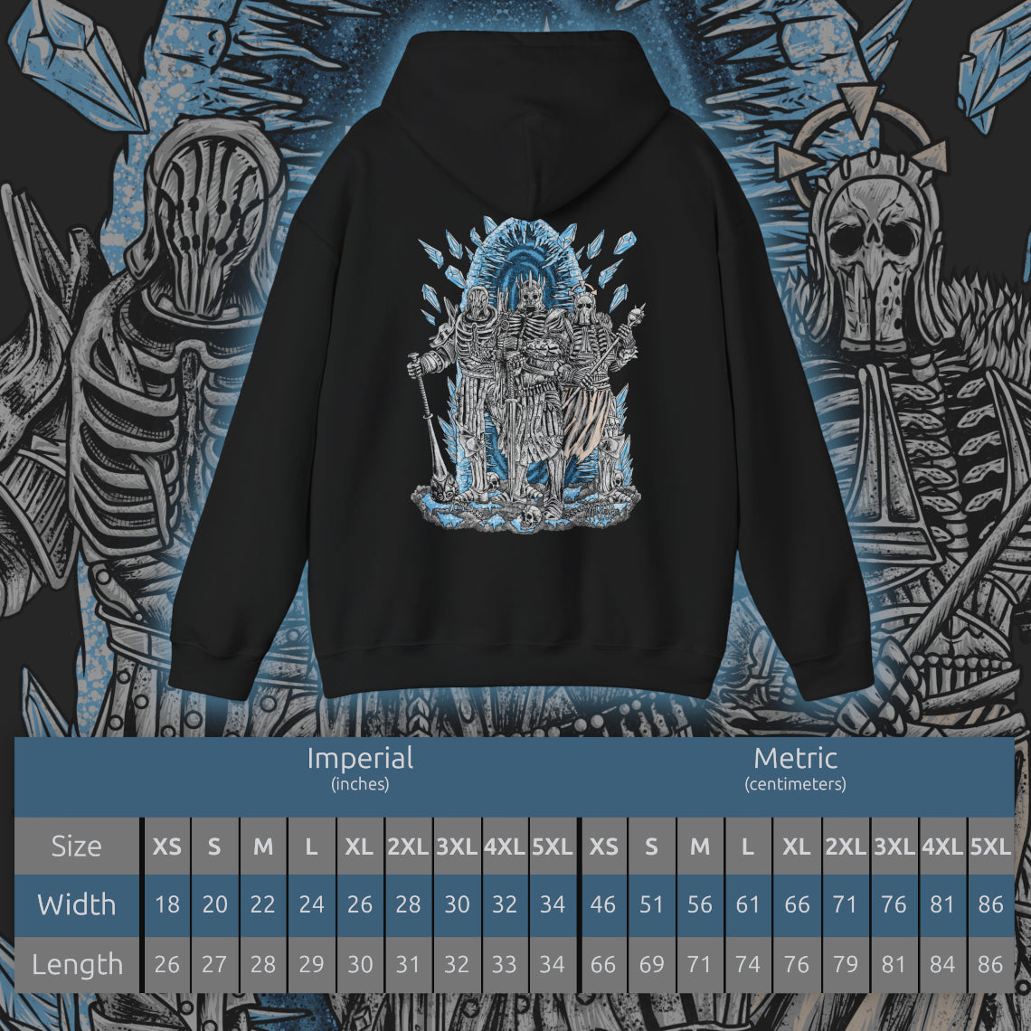 Size chart of a Hooded Sweatshirt of the Wild Hunt emerging from spectral mist, with Eredin leading his generals across a snow-choked wasteland. Imlerith’s savage strength and Caranthir’s otherworldly sorcery contrast against Eredin’s cold authority. The composition emphasizes their unity as instruments of domination, bringing eternal frost, war, and despair wherever the Wild Hunt rides.