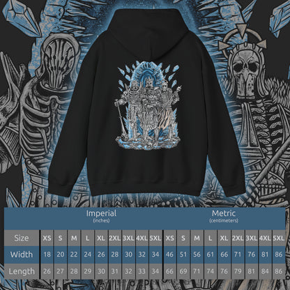 Size chart of a Hooded Sweatshirt of the Wild Hunt emerging from spectral mist, with Eredin leading his generals across a snow-choked wasteland. Imlerith’s savage strength and Caranthir’s otherworldly sorcery contrast against Eredin’s cold authority. The composition emphasizes their unity as instruments of domination, bringing eternal frost, war, and despair wherever the Wild Hunt rides.