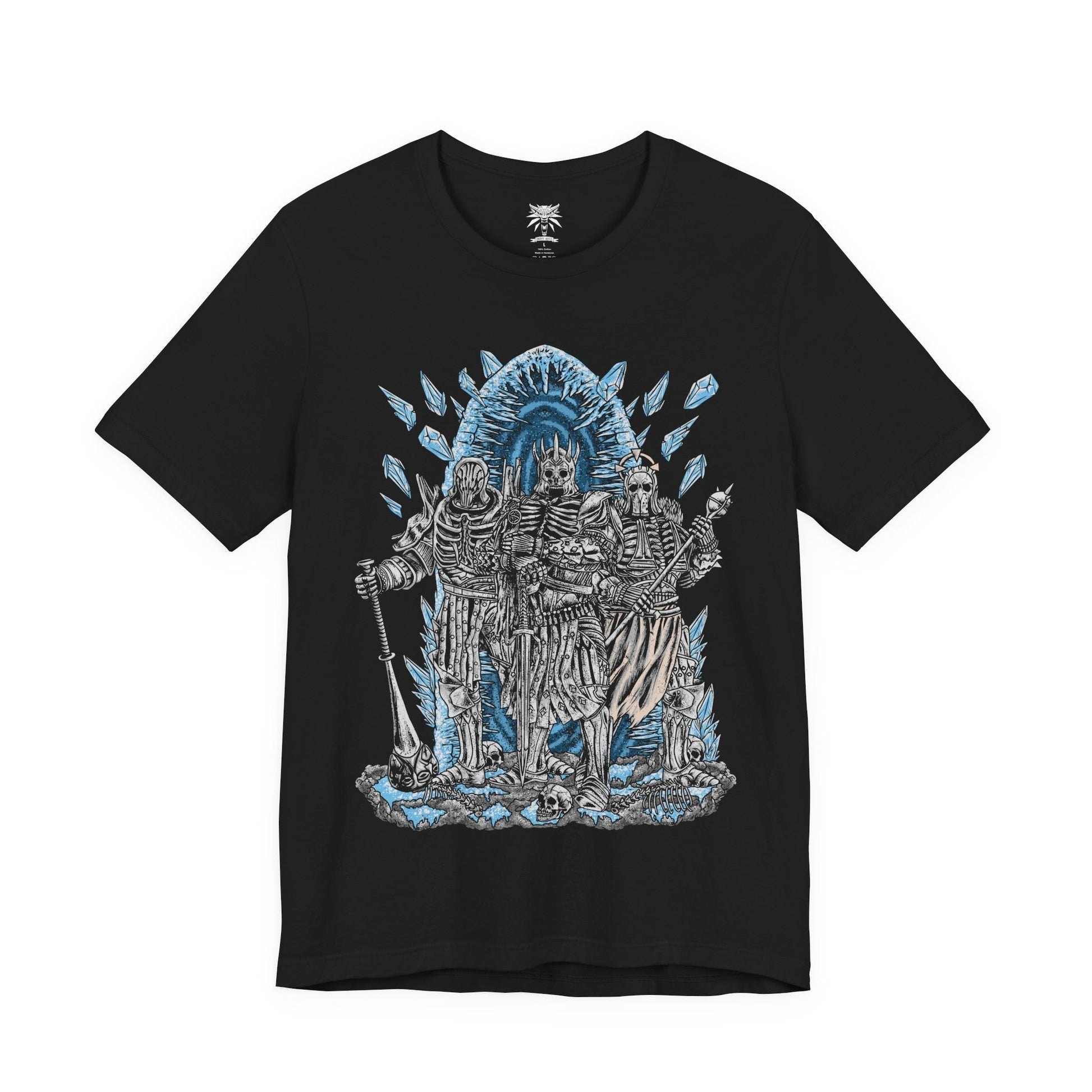 Image 4 of a T-shirt design of the Wild Hunt from The Witcher 3, featuring Eredin Bréacc Glas, Imlerith, and Caranthir Ar-Feiniel advancing through a frozen battlefield. Clad in spectral armor and surrounded by swirling frost and ash, the elven riders embody the apocalyptic force seeking to enslave worlds. The design captures their relentless pursuit of Ciri and the icy terror of the Aen Elle invasion.