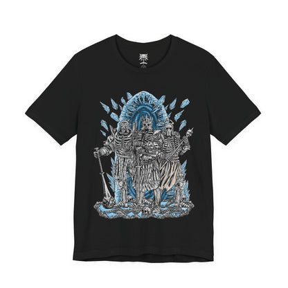 Image 4 of a T-shirt design of the Wild Hunt from The Witcher 3, featuring Eredin Bréacc Glas, Imlerith, and Caranthir Ar-Feiniel advancing through a frozen battlefield. Clad in spectral armor and surrounded by swirling frost and ash, the elven riders embody the apocalyptic force seeking to enslave worlds. The design captures their relentless pursuit of Ciri and the icy terror of the Aen Elle invasion.