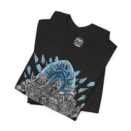 Image 5 of a T-shirt design of the Wild Hunt from The Witcher 3, featuring Eredin Bréacc Glas, Imlerith, and Caranthir Ar-Feiniel advancing through a frozen battlefield. Clad in spectral armor and surrounded by swirling frost and ash, the elven riders embody the apocalyptic force seeking to enslave worlds. The design captures their relentless pursuit of Ciri and the icy terror of the Aen Elle invasion.