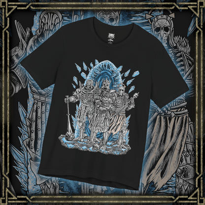Thumbnail of a T-shirt design of the Wild Hunt from The Witcher 3, featuring Eredin Bréacc Glas, Imlerith, and Caranthir Ar-Feiniel advancing through a frozen battlefield. Clad in spectral armor and surrounded by swirling frost and ash, the elven riders embody the apocalyptic force seeking to enslave worlds. The design captures their relentless pursuit of Ciri and the icy terror of the Aen Elle invasion.