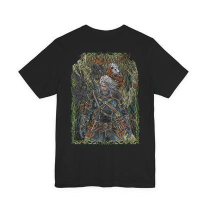 Image 5 of a T-shirt artwork depicting a Leshen emerging from the depths of a cursed woodland, its bark-covered body etched with pagan symbols and eldritch markings. Shrouded in fog and shadow, the creature commands beasts and roots alike, embodying the ancient, merciless forces that punish those who trespass upon sacred forests in The Witcher 3.