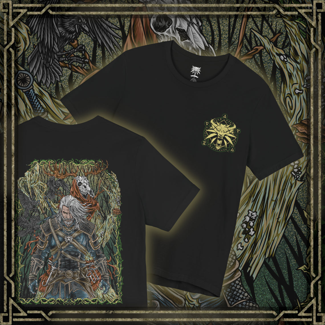 Thumbnail of a T-shirt artwork depicting a Leshen emerging from the depths of a cursed woodland, its bark-covered body etched with pagan symbols and eldritch markings. Shrouded in fog and shadow, the creature commands beasts and roots alike, embodying the ancient, merciless forces that punish those who trespass upon sacred forests in The Witcher 3.