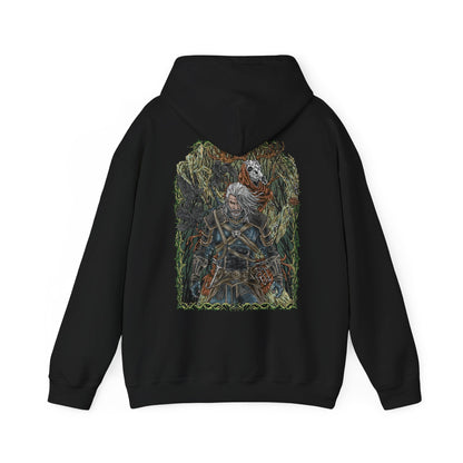 Image 5 of a Hooded Sweatshirt of a Leshen stalking through a moonlit forest, its towering wooden limbs and skull-like face radiating dread. Crows scatter as runic magic pulses through its antlers, binding the creature to ancient rituals and blood sacrifices. This design reflects the mythic horror and pagan brutality that define one of The Witcher 3’s most feared monsters.