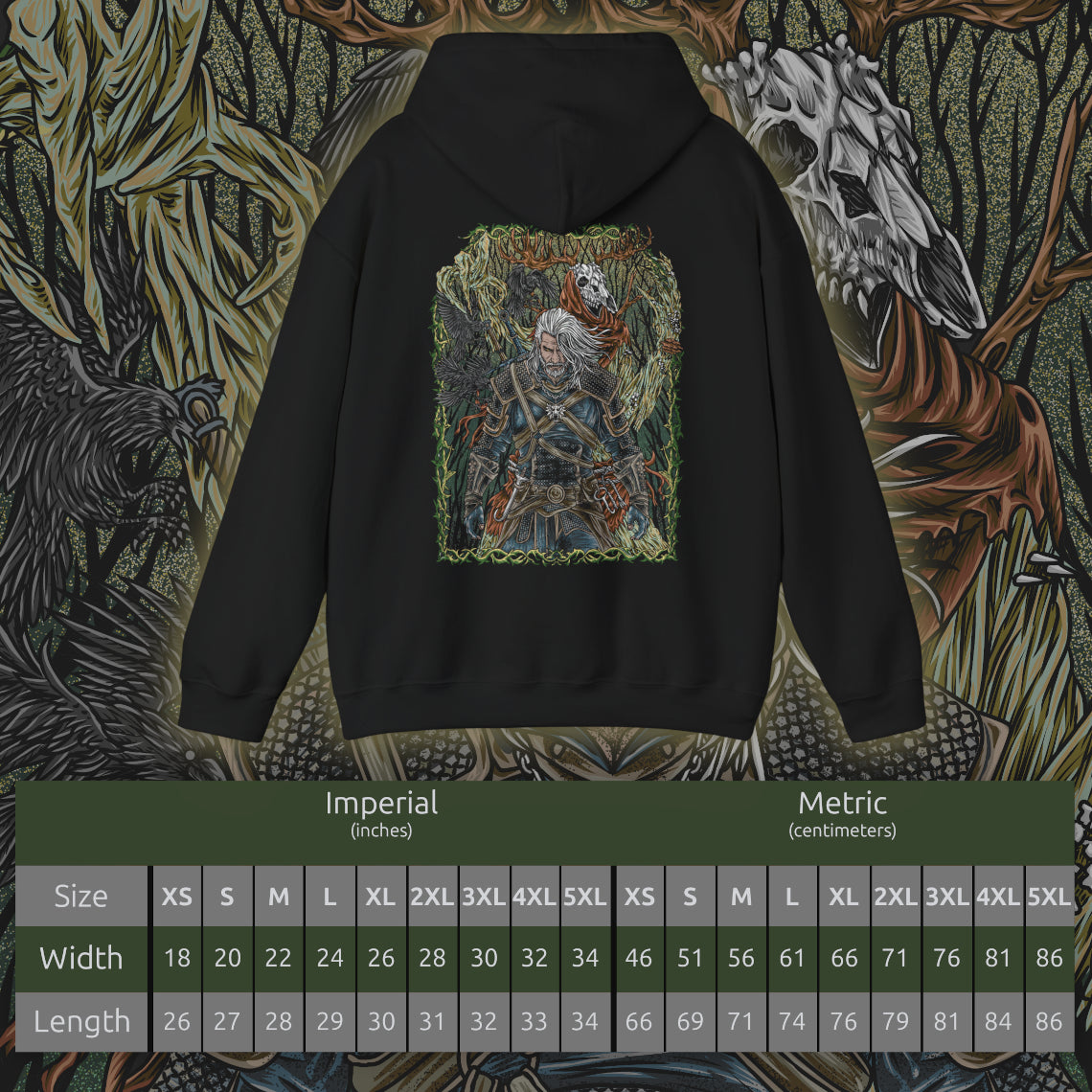 Size chart of a Hooded Sweatshirt of a Leshen stalking through a moonlit forest, its towering wooden limbs and skull-like face radiating dread. Crows scatter as runic magic pulses through its antlers, binding the creature to ancient rituals and blood sacrifices. This design reflects the mythic horror and pagan brutality that define one of The Witcher 3’s most feared monsters.