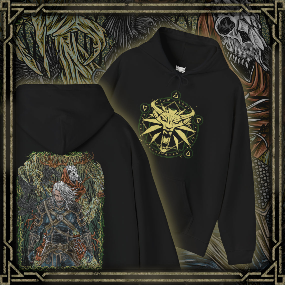 Thumbnail of a Hooded Sweatshirt of a Leshen stalking through a moonlit forest, its towering wooden limbs and skull-like face radiating dread. Crows scatter as runic magic pulses through its antlers, binding the creature to ancient rituals and blood sacrifices. This design reflects the mythic horror and pagan brutality that define one of The Witcher 3’s most feared monsters.