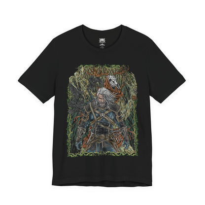 Image 4 of a T-shirt design of a Leshen from The Witcher 3: Wild Hunt, towering within a dark, ancient forest as twisted branches and roots coil around its skeletal form. Antlers crown its wooden skull, glowing runes carved into bark and bone as ravens circle above. The design captures the primal terror of a forest spirit bound to old magic, vengeance, and nature’s wrath.