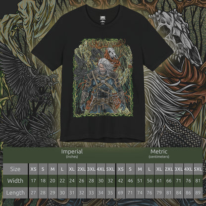 Size chart of a T-shirt design of a Leshen from The Witcher 3: Wild Hunt, towering within a dark, ancient forest as twisted branches and roots coil around its skeletal form. Antlers crown its wooden skull, glowing runes carved into bark and bone as ravens circle above. The design captures the primal terror of a forest spirit bound to old magic, vengeance, and nature’s wrath.