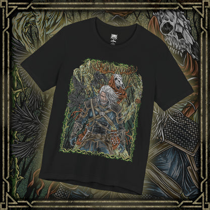 Thumbnail of a T-shirt design of a Leshen from The Witcher 3: Wild Hunt, towering within a dark, ancient forest as twisted branches and roots coil around its skeletal form. Antlers crown its wooden skull, glowing runes carved into bark and bone as ravens circle above. The design captures the primal terror of a forest spirit bound to old magic, vengeance, and nature’s wrath.
