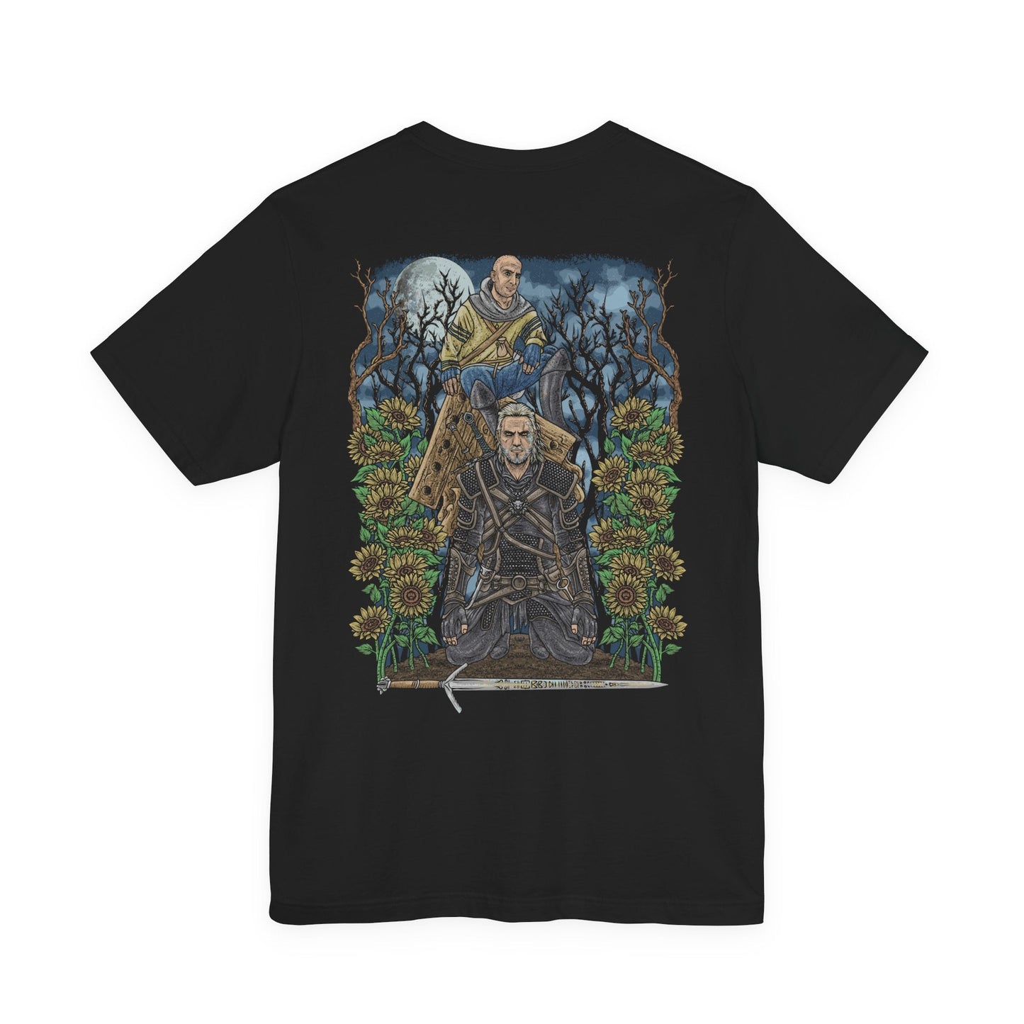 Image 5 of a T-shirt artwork depicting Gaunter O’Dimm at a lonely crossroads, lantern light casting long shadows across cracked earth and withered trees. Villages lie silent in the distance as reality bends subtly around him, hinting at his godlike power over time and causality. This design reflects the terror of temptation, the danger of deals made in desperation, and the inevitability of O’Dimm’s judgment.