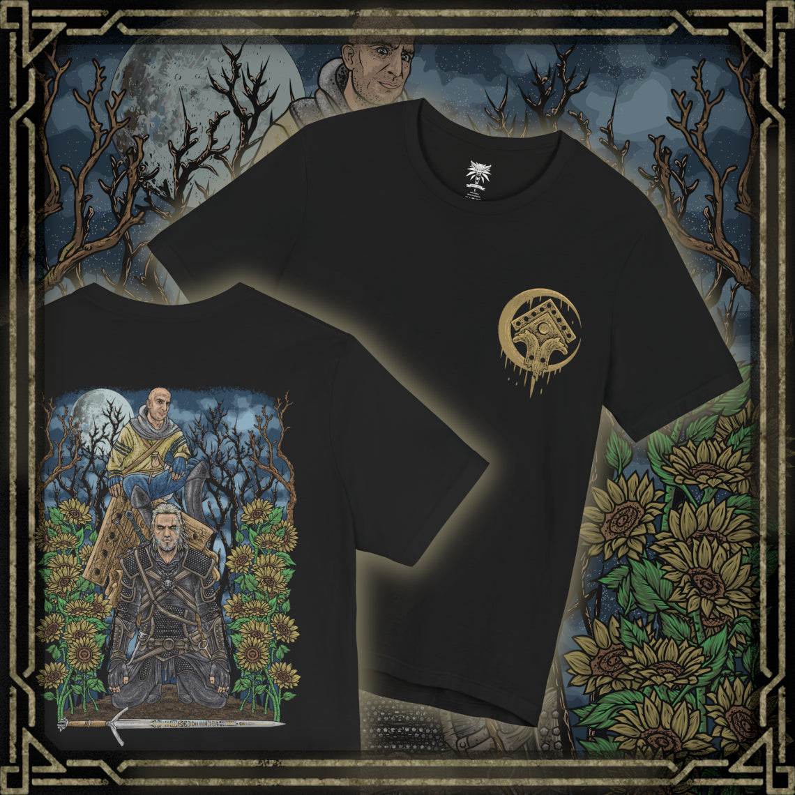Thumbnail of a T-shirt artwork depicting Gaunter O’Dimm at a lonely crossroads, lantern light casting long shadows across cracked earth and withered trees. Villages lie silent in the distance as reality bends subtly around him, hinting at his godlike power over time and causality. This design reflects the terror of temptation, the danger of deals made in desperation, and the inevitability of O’Dimm’s judgment.