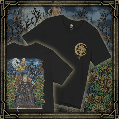Thumbnail of a T-shirt artwork depicting Gaunter O’Dimm at a lonely crossroads, lantern light casting long shadows across cracked earth and withered trees. Villages lie silent in the distance as reality bends subtly around him, hinting at his godlike power over time and causality. This design reflects the terror of temptation, the danger of deals made in desperation, and the inevitability of O’Dimm’s judgment.
