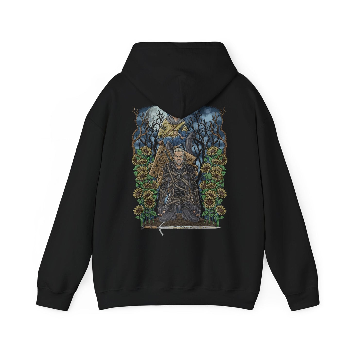 Image 5 of a Hooded Sweatshirt of Gaunter O’Dimm waiting at the crossroads, his reflection fractured in broken mirrors scattered across the ground. Clocks stand still as crows circle overhead, symbolizing his dominion over time and consequence. The design emphasizes the quiet horror of encountering a being who needs no weapons, only words, to damn souls and reshape destiny.