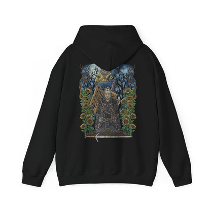 Image 5 of a Hooded Sweatshirt of Gaunter O’Dimm waiting at the crossroads, his reflection fractured in broken mirrors scattered across the ground. Clocks stand still as crows circle overhead, symbolizing his dominion over time and consequence. The design emphasizes the quiet horror of encountering a being who needs no weapons, only words, to damn souls and reshape destiny.