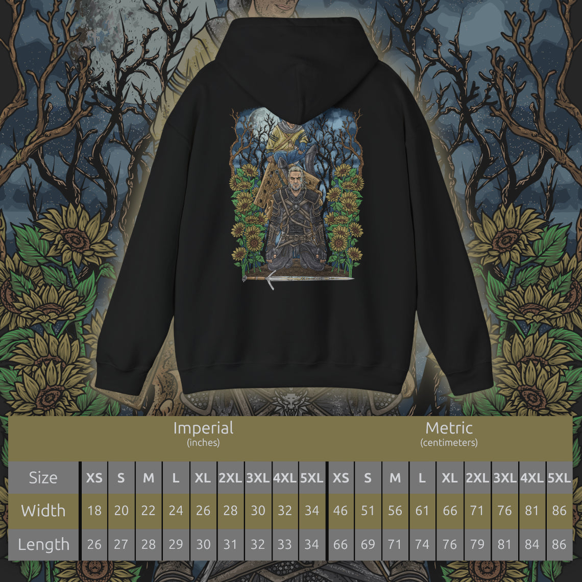 Size chart of a Hooded Sweatshirt of Gaunter O’Dimm waiting at the crossroads, his reflection fractured in broken mirrors scattered across the ground. Clocks stand still as crows circle overhead, symbolizing his dominion over time and consequence. The design emphasizes the quiet horror of encountering a being who needs no weapons, only words, to damn souls and reshape destiny.