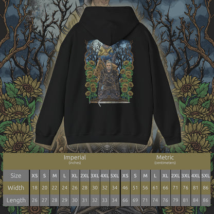 Size chart of a Hooded Sweatshirt of Gaunter O’Dimm waiting at the crossroads, his reflection fractured in broken mirrors scattered across the ground. Clocks stand still as crows circle overhead, symbolizing his dominion over time and consequence. The design emphasizes the quiet horror of encountering a being who needs no weapons, only words, to damn souls and reshape destiny.