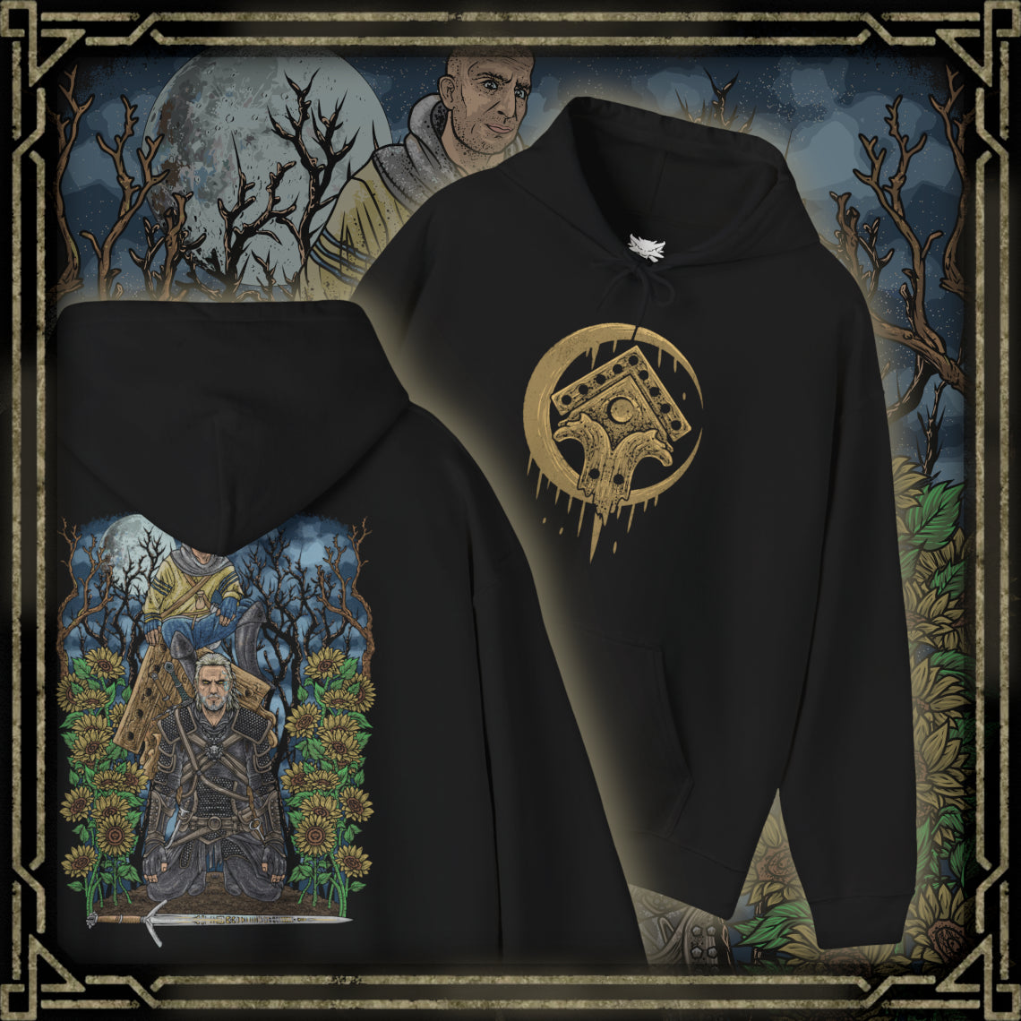 Thumbnail of a Hooded Sweatshirt of Gaunter O’Dimm waiting at the crossroads, his reflection fractured in broken mirrors scattered across the ground. Clocks stand still as crows circle overhead, symbolizing his dominion over time and consequence. The design emphasizes the quiet horror of encountering a being who needs no weapons, only words, to damn souls and reshape destiny.
