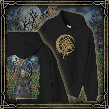 Thumbnail of a Hooded Sweatshirt of Gaunter O’Dimm waiting at the crossroads, his reflection fractured in broken mirrors scattered across the ground. Clocks stand still as crows circle overhead, symbolizing his dominion over time and consequence. The design emphasizes the quiet horror of encountering a being who needs no weapons, only words, to damn souls and reshape destiny.