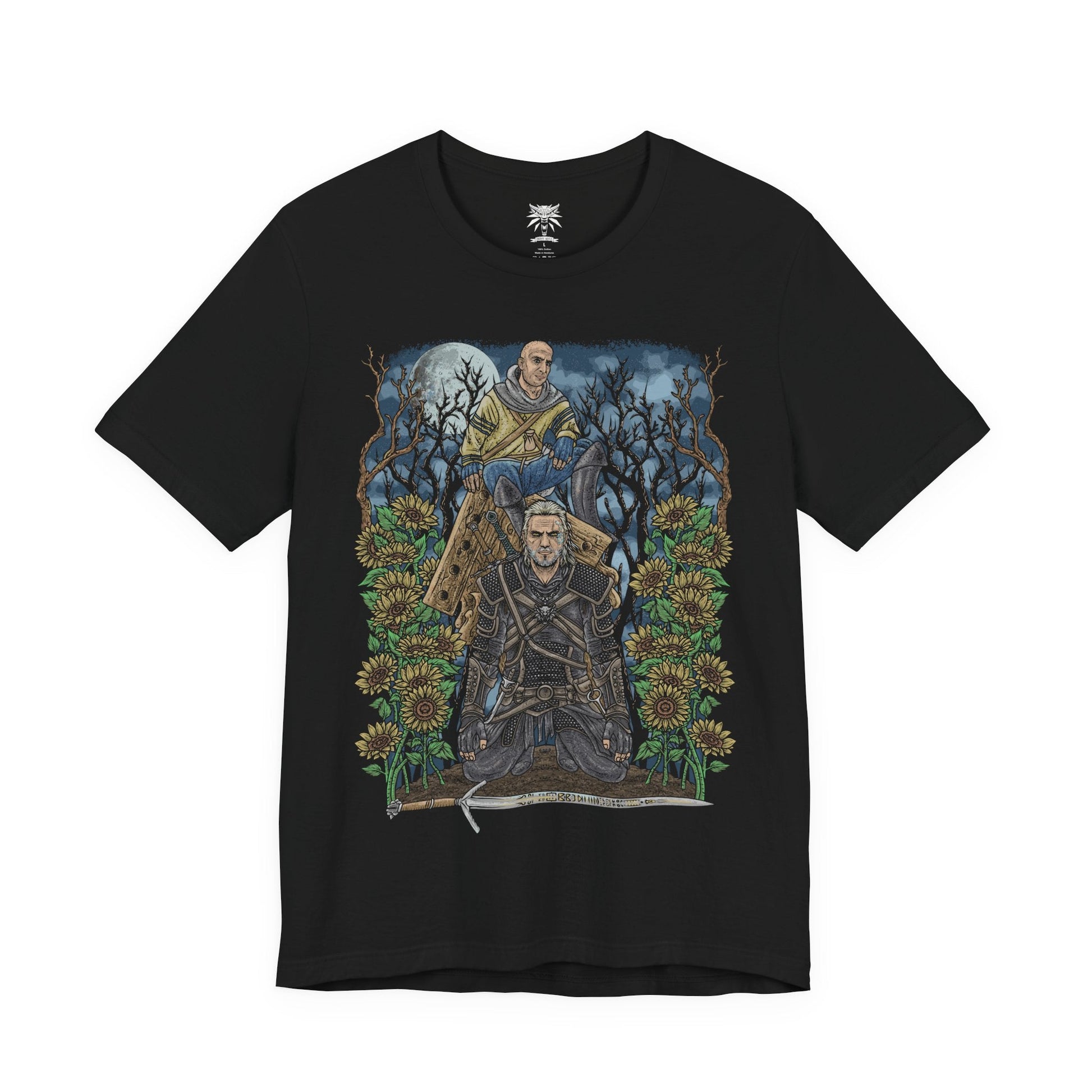 Image 4 of a T-shirt design of Gaunter O’Dimm from The Witcher 3, standing calmly at a desolate crossroads beneath a moonlit sky. With a faint smile and hollow eyes, he appears as an ordinary traveler while time itself seems frozen around him. The design captures his true nature as Master Mirror, a primordial force that grants wishes, twists fate, and collects souls through cruel, inescapable bargains.