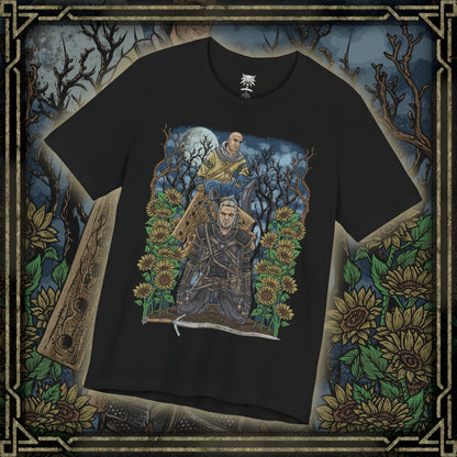 Thumbnail of a T-shirt design of Gaunter O’Dimm from The Witcher 3, standing calmly at a desolate crossroads beneath a moonlit sky. With a faint smile and hollow eyes, he appears as an ordinary traveler while time itself seems frozen around him. The design captures his true nature as Master Mirror, a primordial force that grants wishes, twists fate, and collects souls through cruel, inescapable bargains.