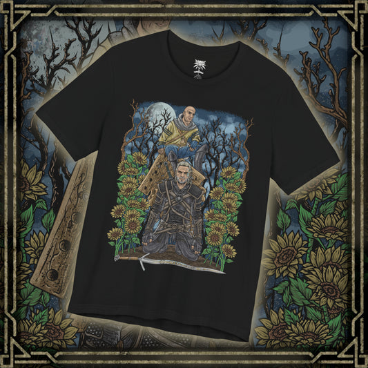 Thumbnail of a T-shirt design of Gaunter O’Dimm from The Witcher 3, standing calmly at a desolate crossroads beneath a moonlit sky. With a faint smile and hollow eyes, he appears as an ordinary traveler while time itself seems frozen around him. The design captures his true nature as Master Mirror, a primordial force that grants wishes, twists fate, and collects souls through cruel, inescapable bargains.