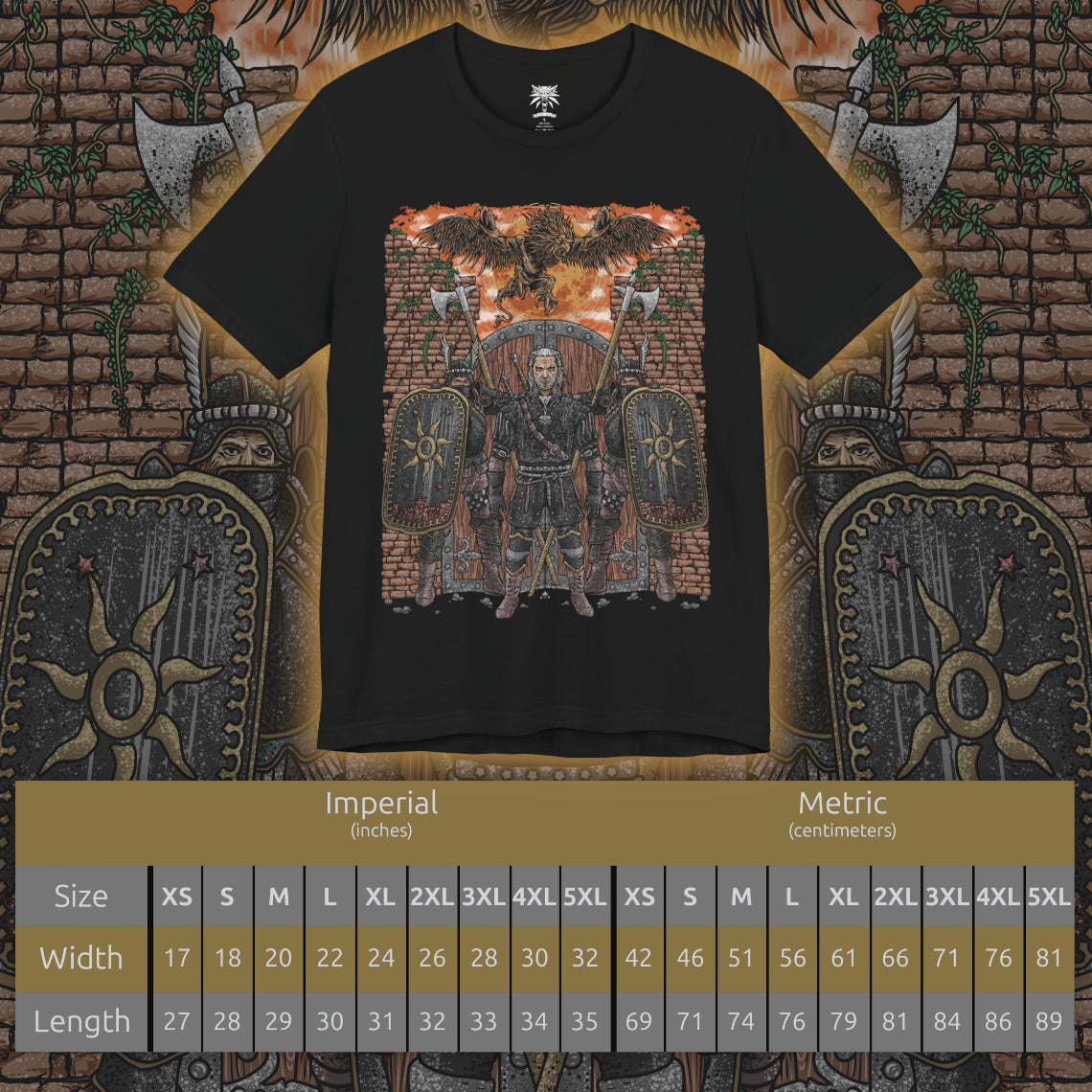 Size chart of a T-shirt artwork depicting the Beast of White Orchard perched atop ruined battlements, its scarred griffin form roaring against a storm-dark sky. Nilfgaardian armor and fallen soldiers lie scattered below, symbolizing the cost of conquest and neglect. This design captures the beast as both predator and consequence, born from war, neglect, and the crumbling balance between monsters and men.