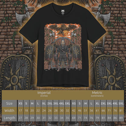 Size chart of a T-shirt artwork depicting the Beast of White Orchard perched atop ruined battlements, its scarred griffin form roaring against a storm-dark sky. Nilfgaardian armor and fallen soldiers lie scattered below, symbolizing the cost of conquest and neglect. This design captures the beast as both predator and consequence, born from war, neglect, and the crumbling balance between monsters and men.