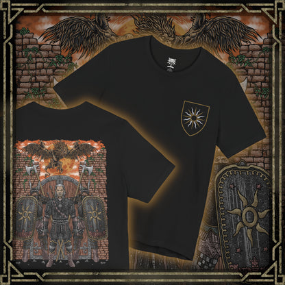 Thumbnail of a T-shirt artwork depicting the Beast of White Orchard perched atop ruined battlements, its scarred griffin form roaring against a storm-dark sky. Nilfgaardian armor and fallen soldiers lie scattered below, symbolizing the cost of conquest and neglect. This design captures the beast as both predator and consequence, born from war, neglect, and the crumbling balance between monsters and men.