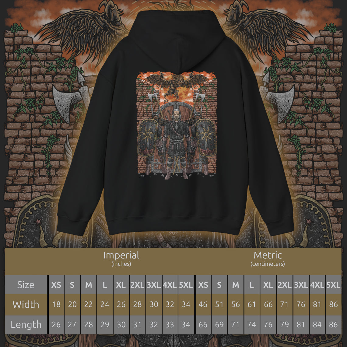 Size chart of a Hooded Sweatshirt of the Beast of White Orchard descending from the clouds, wings beating through smoke and ash as the battlefield below lies silent. Once part of a bonded pair, the griffin’s rage embodies loss and disruption caused by Nilfgaard’s invasion. The design emphasizes tragedy, raw power, and the grim reality that war breeds monsters beyond the battlefield.