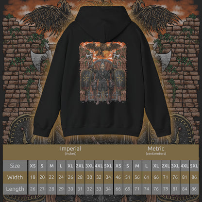 Size chart of a Hooded Sweatshirt of the Beast of White Orchard descending from the clouds, wings beating through smoke and ash as the battlefield below lies silent. Once part of a bonded pair, the griffin’s rage embodies loss and disruption caused by Nilfgaard’s invasion. The design emphasizes tragedy, raw power, and the grim reality that war breeds monsters beyond the battlefield.