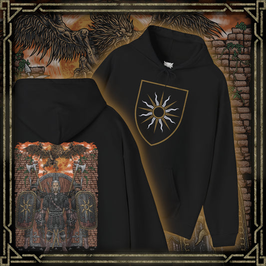 Thumbnail of a Hooded Sweatshirt of the Beast of White Orchard descending from the clouds, wings beating through smoke and ash as the battlefield below lies silent. Once part of a bonded pair, the griffin’s rage embodies loss and disruption caused by Nilfgaard’s invasion. The design emphasizes tragedy, raw power, and the grim reality that war breeds monsters beyond the battlefield.