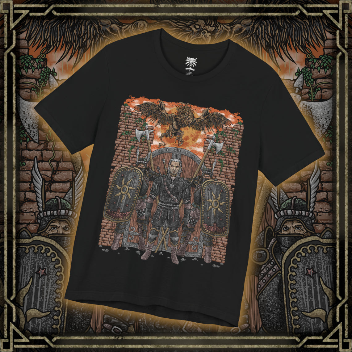 Thumbnail of a T-shirt design of the Beast of White Orchard from The Witcher 3, the fearsome griffin terrorizing the war-torn countryside under Nilfgaardian occupation. With torn wings spread wide and talons sunk into blood-soaked ground, the monster looms over abandoned fields and broken banners. The design reflects the chaos of war, the suffering of civilians, and Geralt’s first contract amid Nilfgaard’s advancing shadow.