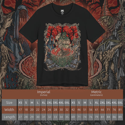 Size chart of a T-shirt artwork depicting the Ladies of the Wood lurking within the fog of Crookback Bog, their malformed bodies adorned with animal skulls, stitched skin, and decay. Worshipped as goddesses yet feeding on suffering, the Crones embody manipulation, hunger, and ancient evil. This design reflects the grim folklore and moral horror at the heart of The Witcher 3.