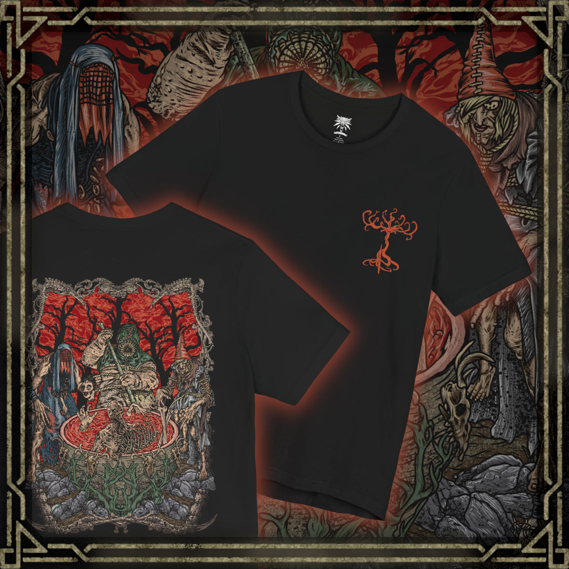 Thumbnail of a T-shirt artwork depicting the Ladies of the Wood lurking within the fog of Crookback Bog, their malformed bodies adorned with animal skulls, stitched skin, and decay. Worshipped as goddesses yet feeding on suffering, the Crones embody manipulation, hunger, and ancient evil. This design reflects the grim folklore and moral horror at the heart of The Witcher 3.