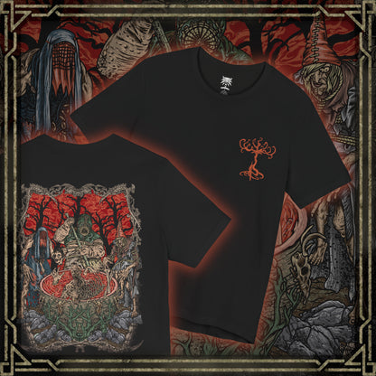 Thumbnail of a T-shirt artwork depicting the Ladies of the Wood lurking within the fog of Crookback Bog, their malformed bodies adorned with animal skulls, stitched skin, and decay. Worshipped as goddesses yet feeding on suffering, the Crones embody manipulation, hunger, and ancient evil. This design reflects the grim folklore and moral horror at the heart of The Witcher 3.