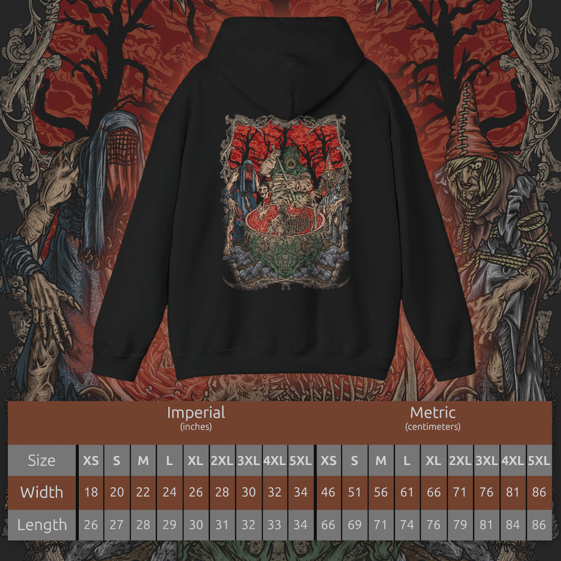 Size chart of a Hooded Sweatshirt of the Crones of Crookback Bog standing amid dead trees and hanging talismans, their monstrous silhouettes fused with the swamp itself. Known as the Ladies of the Wood, they prey upon fear and desperation, binding children and villagers to cruel bargains. The design conveys their dominance over Velen and the suffocating corruption of the bog.