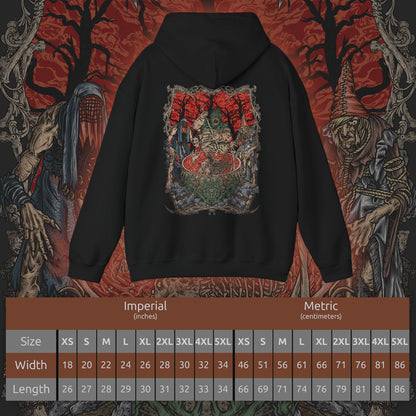 Size chart of a Hooded Sweatshirt of the Crones of Crookback Bog standing amid dead trees and hanging talismans, their monstrous silhouettes fused with the swamp itself. Known as the Ladies of the Wood, they prey upon fear and desperation, binding children and villagers to cruel bargains. The design conveys their dominance over Velen and the suffocating corruption of the bog.