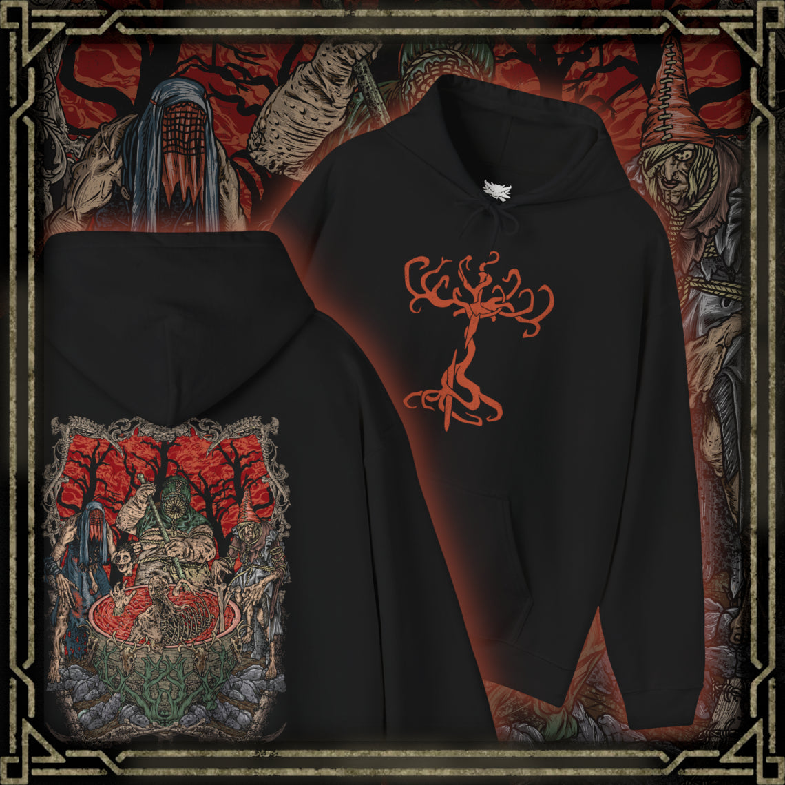 Thumbnail of a Hooded Sweatshirt of the Crones of Crookback Bog standing amid dead trees and hanging talismans, their monstrous silhouettes fused with the swamp itself. Known as the Ladies of the Wood, they prey upon fear and desperation, binding children and villagers to cruel bargains. The design conveys their dominance over Velen and the suffocating corruption of the bog.
