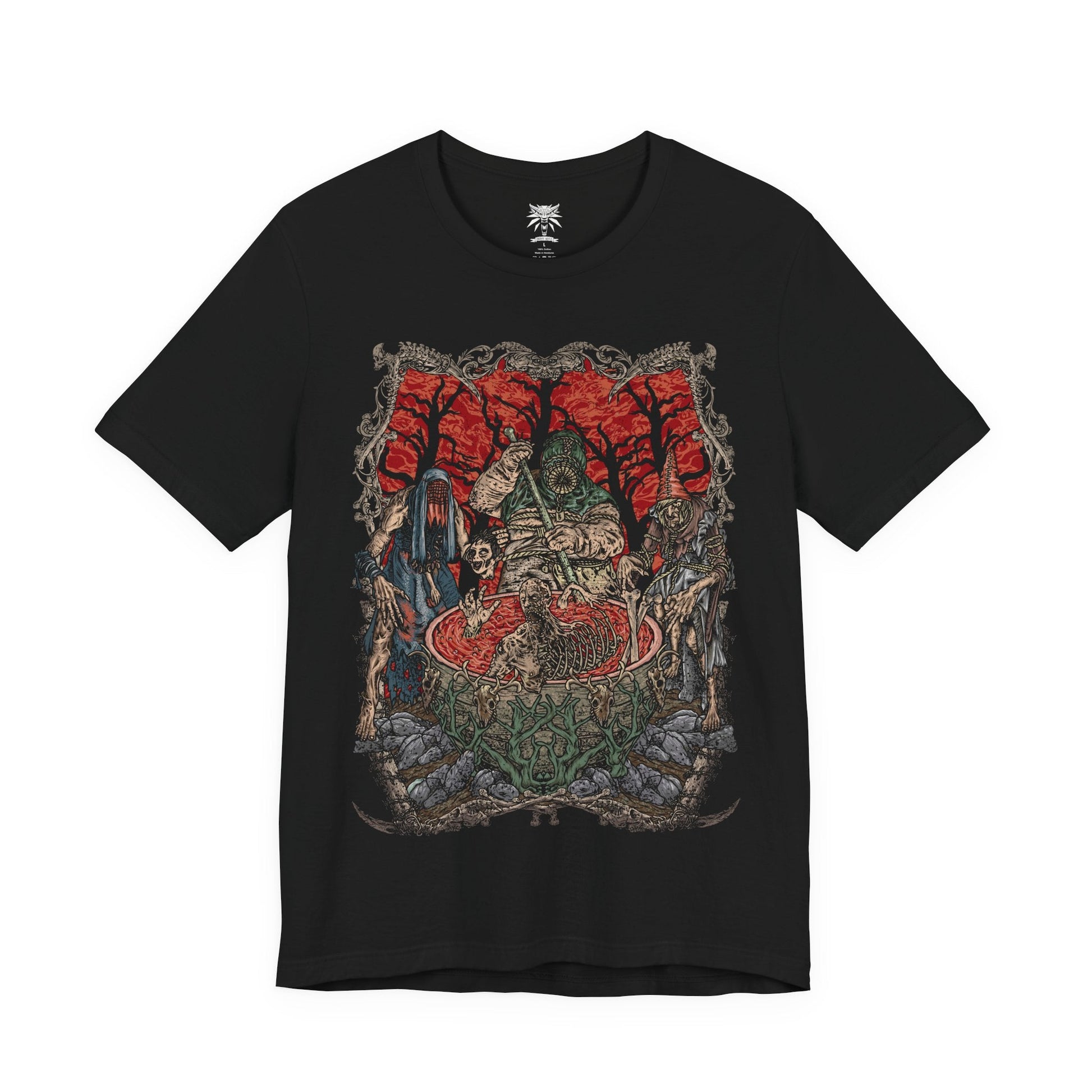 Image 4 of a T-shirt design of the Crones of Crookback Bog from The Witcher 3: Wild Hunt, the twisted trio known as the Ladies of the Wood. Their grotesque forms emerge from tangled roots, bones, and rotting flesh as they whisper false promises to the villagers of Velen. The design captures their nightmarish appearance, ancient cruelty, and the suffocating dread of the swamp they rule.