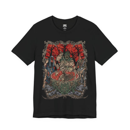 Image 4 of a T-shirt design of the Crones of Crookback Bog from The Witcher 3: Wild Hunt, the twisted trio known as the Ladies of the Wood. Their grotesque forms emerge from tangled roots, bones, and rotting flesh as they whisper false promises to the villagers of Velen. The design captures their nightmarish appearance, ancient cruelty, and the suffocating dread of the swamp they rule.