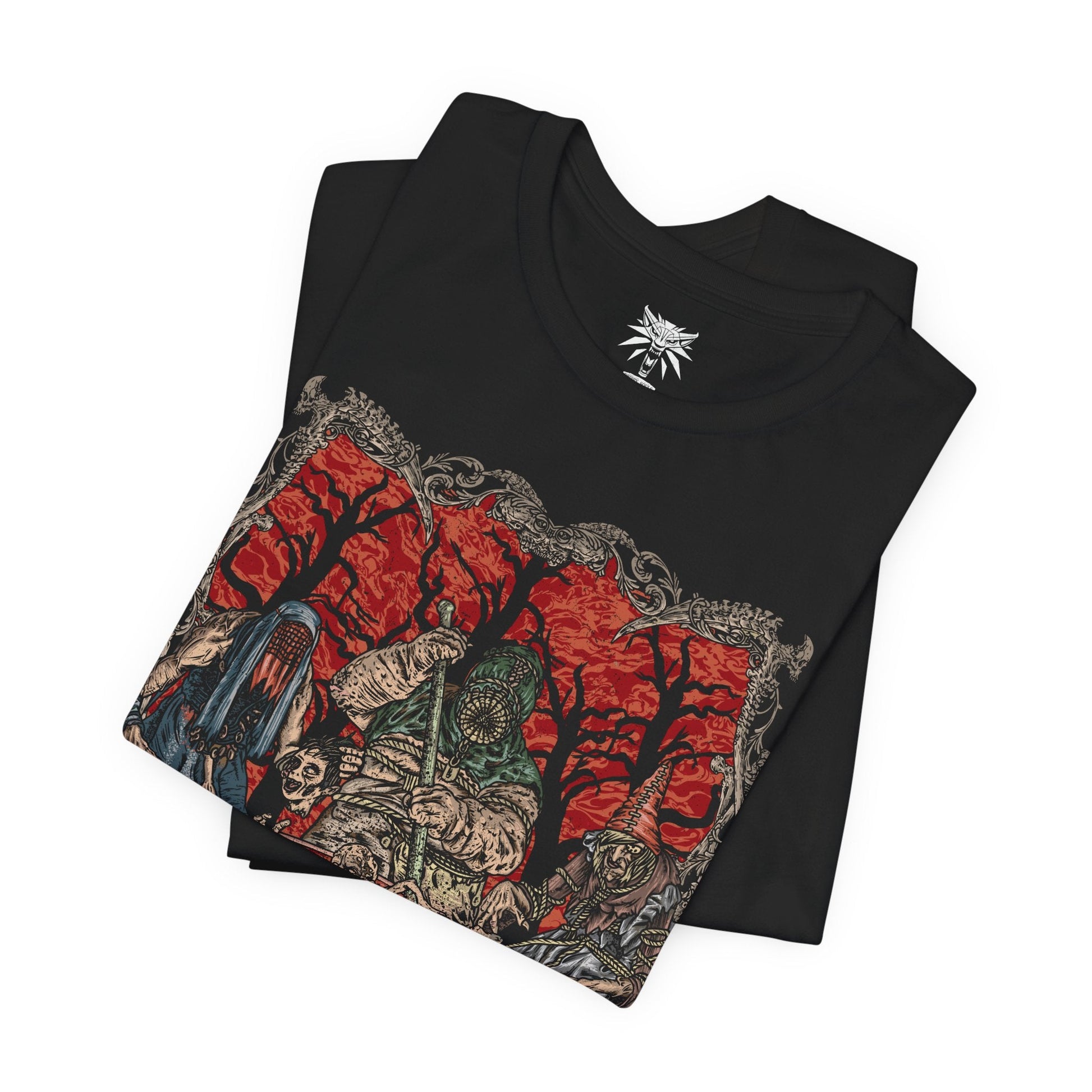 Folded T-shirt design of the Crones of Crookback Bog from The Witcher 3: Wild Hunt, the twisted trio known as the Ladies of the Wood. Their grotesque forms emerge from tangled roots, bones, and rotting flesh as they whisper false promises to the villagers of Velen. The design captures their nightmarish appearance, ancient cruelty, and the suffocating dread of the swamp they rule.