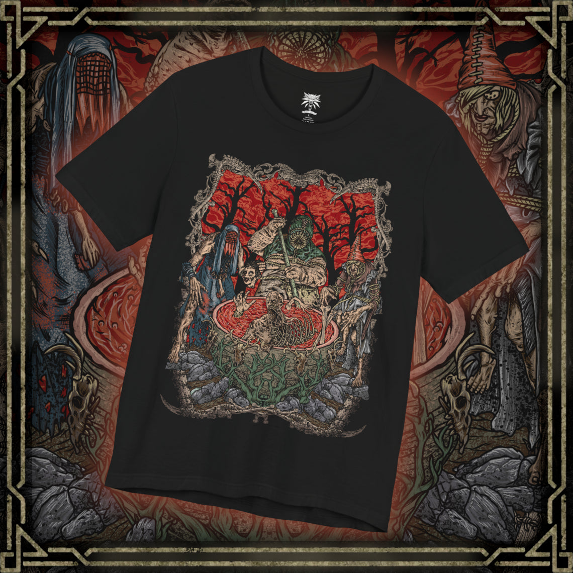 Thumbnail of a T-shirt design of the Crones of Crookback Bog from The Witcher 3: Wild Hunt, the twisted trio known as the Ladies of the Wood. Their grotesque forms emerge from tangled roots, bones, and rotting flesh as they whisper false promises to the villagers of Velen. The design captures their nightmarish appearance, ancient cruelty, and the suffocating dread of the swamp they rule.