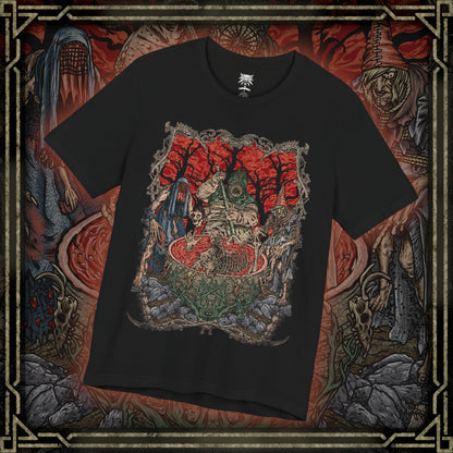 Thumbnail of a T-shirt design of the Crones of Crookback Bog from The Witcher 3: Wild Hunt, the twisted trio known as the Ladies of the Wood. Their grotesque forms emerge from tangled roots, bones, and rotting flesh as they whisper false promises to the villagers of Velen. The design captures their nightmarish appearance, ancient cruelty, and the suffocating dread of the swamp they rule.