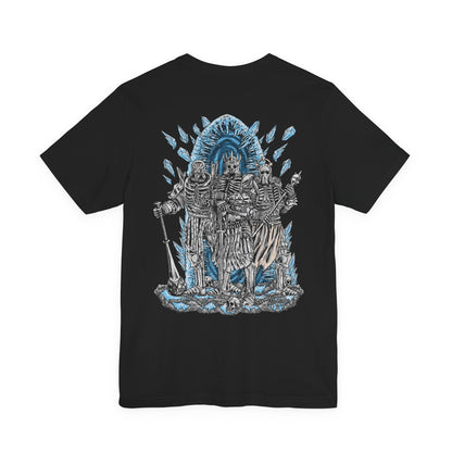 Image 5 of a T-shirt artwork depicting Eredin, king of the Wild Hunt, flanked by Imlerith’s brutal, hulking presence and Caranthir’s arcane mastery. Cracks of ice and magic tear through the sky as portals open between worlds, symbolizing conquest and extinction. This design reflects the Hunt’s role as harbingers of death, winter, and the collapse of entire civilizations.