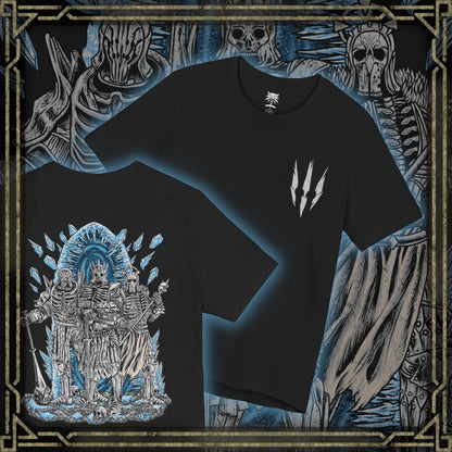 Thumbnail of a T-shirt artwork depicting Eredin, king of the Wild Hunt, flanked by Imlerith’s brutal, hulking presence and Caranthir’s arcane mastery. Cracks of ice and magic tear through the sky as portals open between worlds, symbolizing conquest and extinction. This design reflects the Hunt’s role as harbingers of death, winter, and the collapse of entire civilizations.