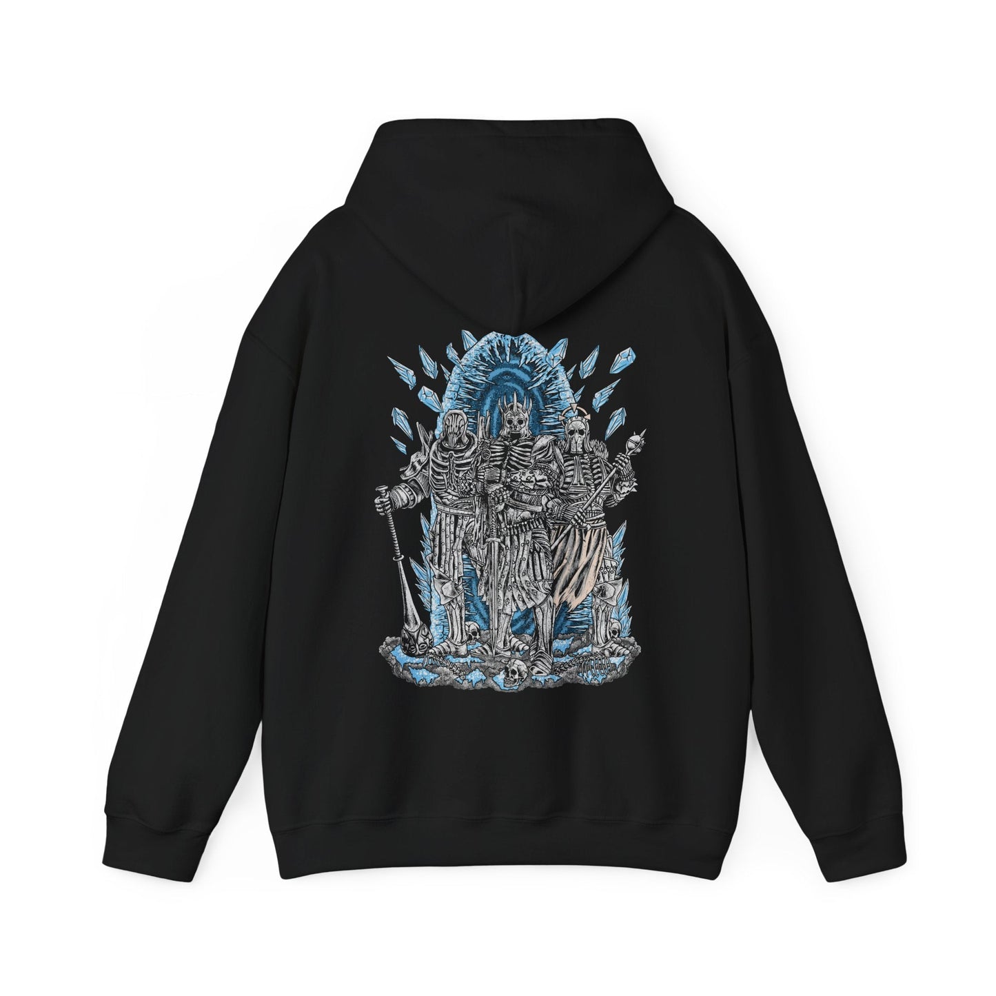 Image 5 of a Hooded Sweatshirt of the Wild Hunt emerging from spectral mist, with Eredin leading his generals across a snow-choked wasteland. Imlerith’s savage strength and Caranthir’s otherworldly sorcery contrast against Eredin’s cold authority. The composition emphasizes their unity as instruments of domination, bringing eternal frost, war, and despair wherever the Wild Hunt rides.